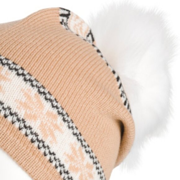 NEW Hannah Rose Merino Wool Snowflake Hat with Faux Pom Pom Camel 267mn - Picture 2 of 5